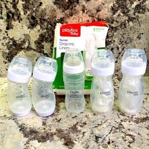 LOT of 5 baby nurser bottles + over 100 drop in liners